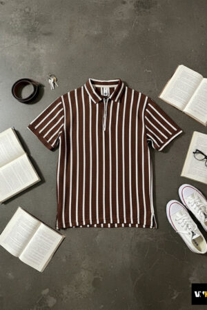 Vertical Stripe Zip Polo in Rich Brown