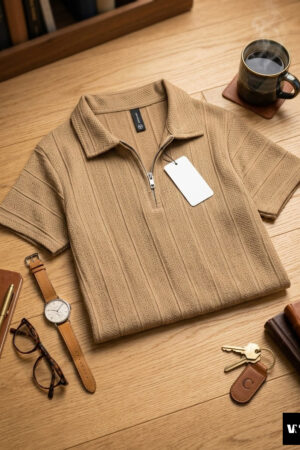 The Ribbed Quarter-Zip Polo | Camel