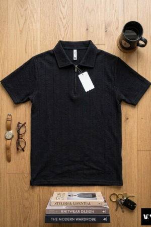 The Textured Quarter-Zip Polo | Charcoal Noir