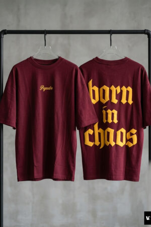 "Born in Chaos" Oversized Heavyweight Tee – Burgundy/Yellow Gold