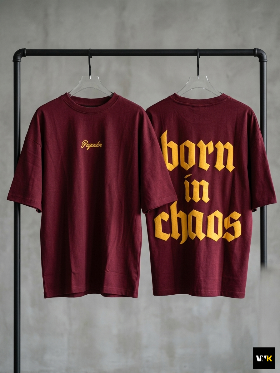 "Born in Chaos" Oversized Heavyweight Tee – Burgundy/Yellow Gold